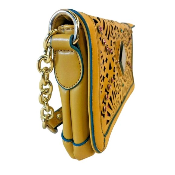Nicole Lee Shoulder Handbag Purse Mustard Yellow Cut Out Rinestones Faux Leather - Picture 9 of 12